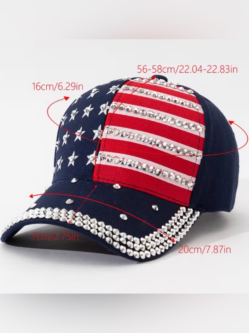Rhinestone American Flag Baseball Cap - Red, White & Blue - Picture 3 of 6